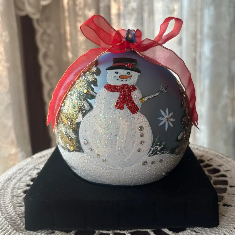 Hand Painted Glass Ornament Vintage Christmas Snowman Large Jumbo Tree Decor